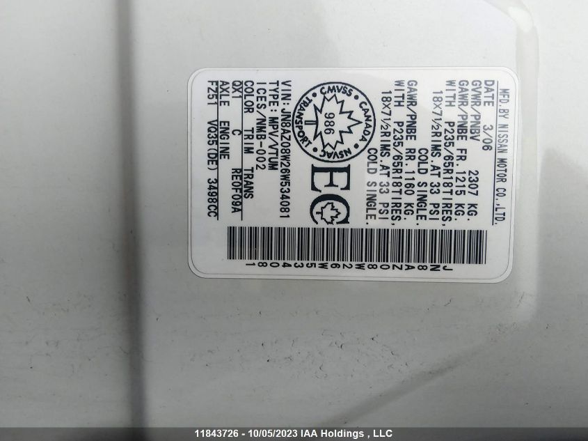 2006 Nissan Murano Sl VIN: JN8AZ08W26W534081 Lot: 11843726