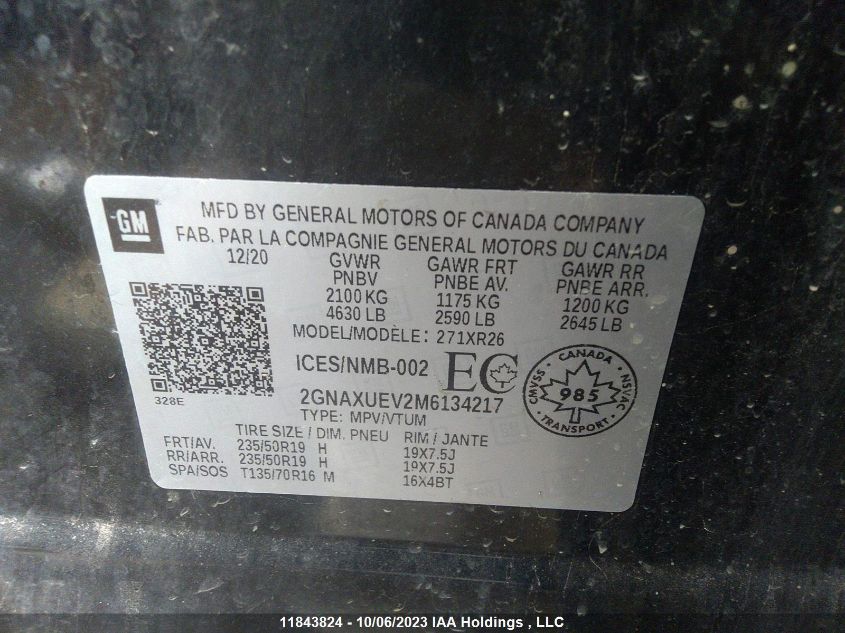 2021 Chevrolet Equinox Lt VIN: 2GNAXUEV2M6134217 Lot: 11843824