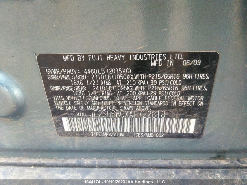 2010 Subaru Forester X Sport VIN: JF2SH6BCXAH722818 Lot: 11844174