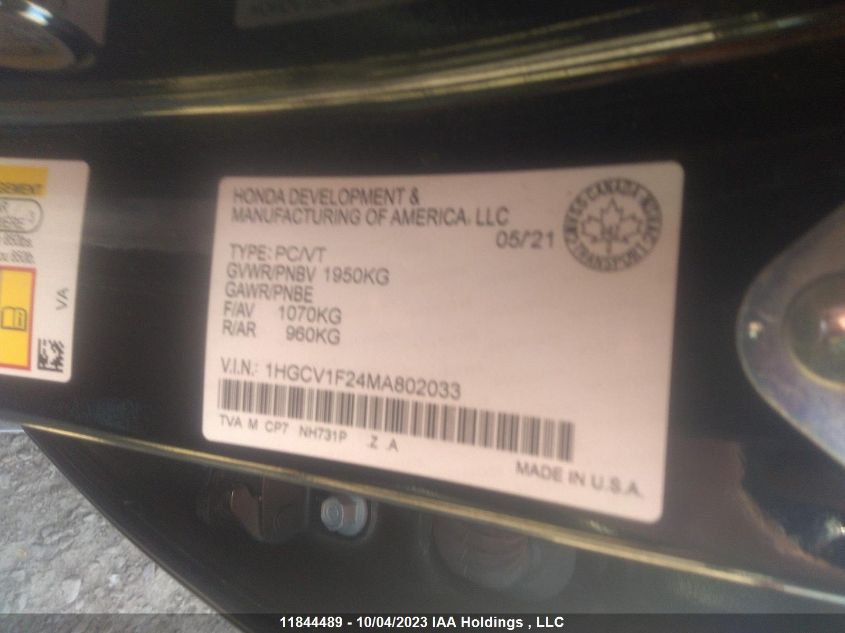 2021 Honda Accord Sedan Se VIN: 1HGCV1F24MA802033 Lot: 11844489