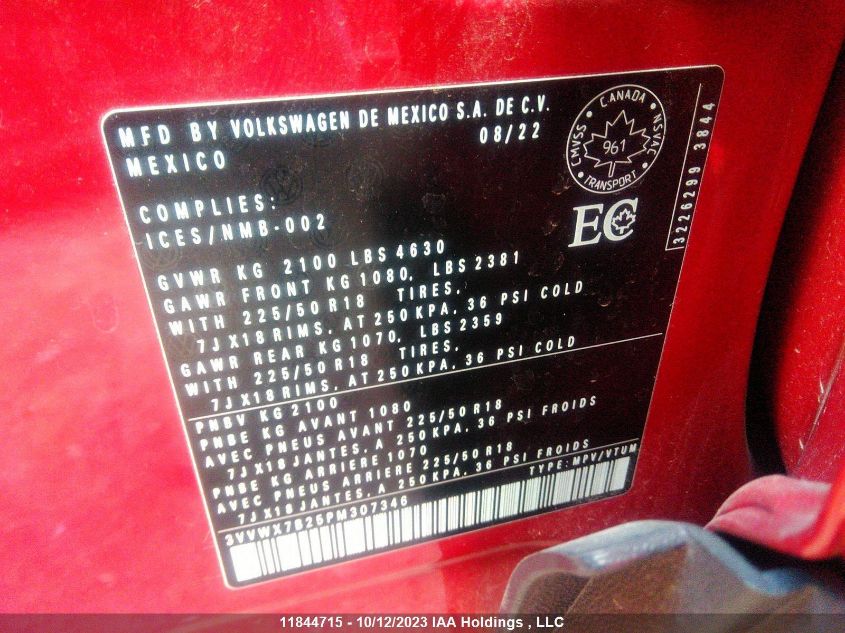 2023 Volkswagen Taos Comfortline VIN: 3VVWX7B25PM307346 Lot: 11844715