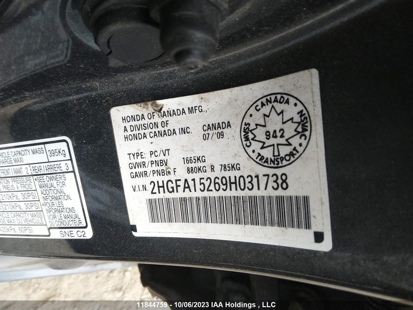 2009 Honda Civic VIN: 2HGFA15269H031738 Lot: 11844759