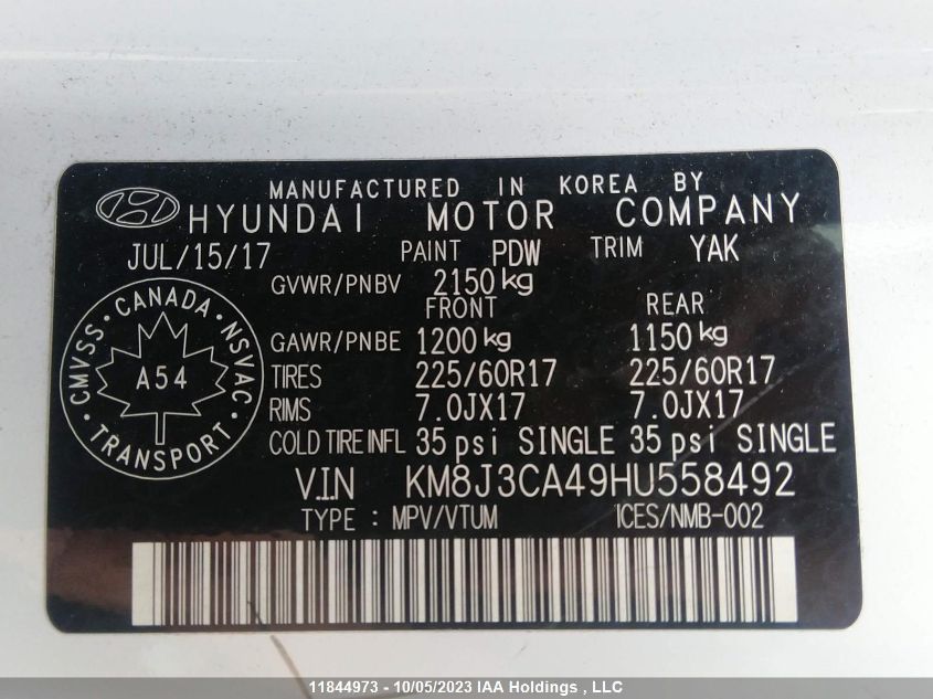 2017 Hyundai Tucson Luxury VIN: KM8J3CA49HU558492 Lot: 11844973