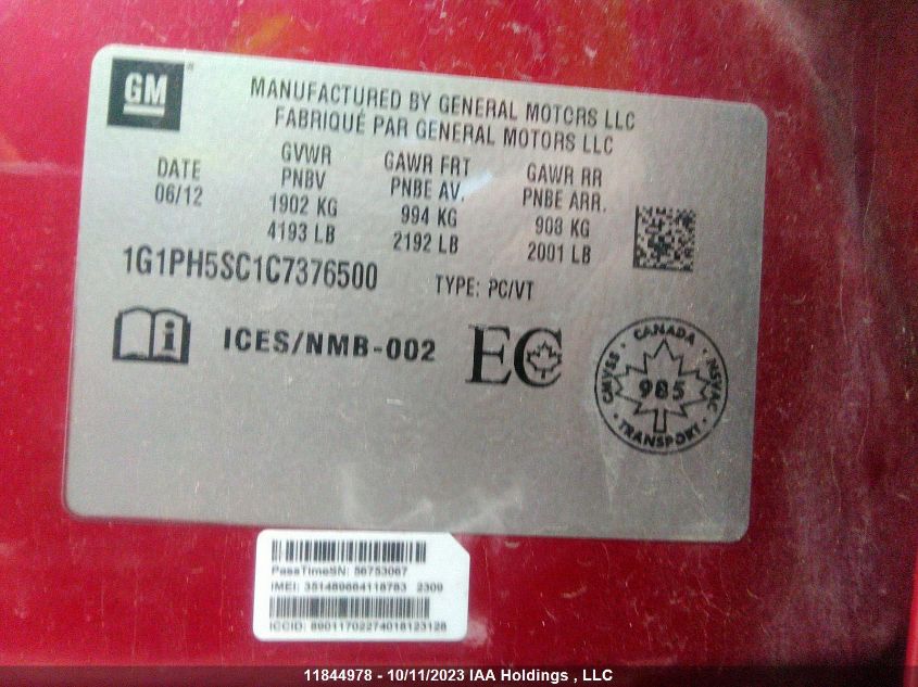 2012 Chevrolet Cruze VIN: 1G1PH5SC1C7376500 Lot: 11844978