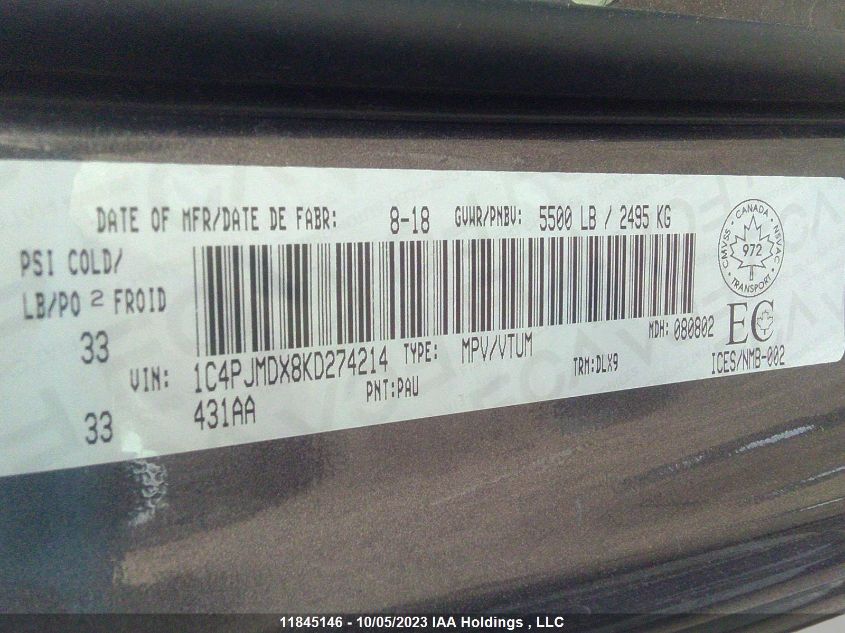 2019 Jeep Cherokee Limited VIN: 1C4PJMDX8KD274214 Lot: 11845146