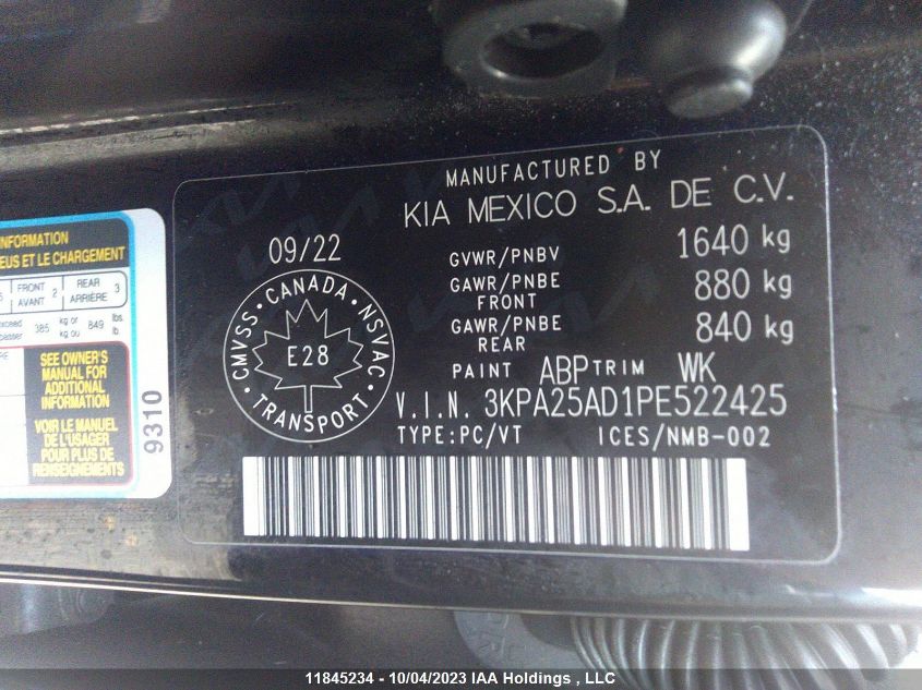 2023 Kia Rio 5-Door Lx+/Lx Premium VIN: 3KPA25AD1PE522425 Lot: 11845234