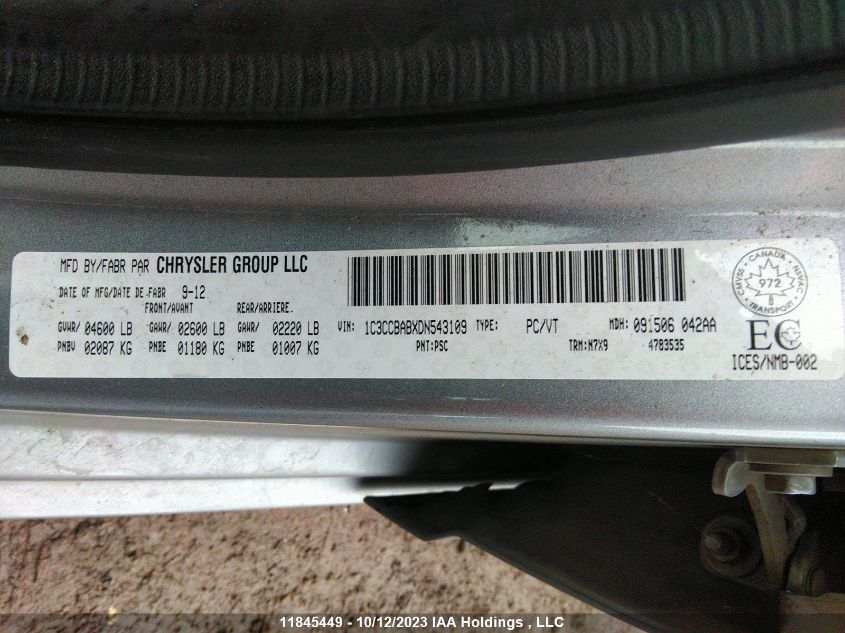 2013 Chrysler 200 Lx VIN: 1C3CCBABXDN543109 Lot: 11845449