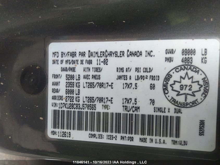 2003 Dodge Ram 2500 St/Slt VIN: 1D7KU28C83J570565 Lot: 11846141