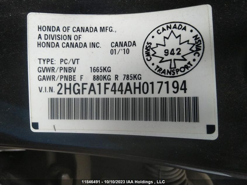 2010 Honda Civic Sdn Dx-G VIN: 2HGFA1F44AH017194 Lot: 11846491