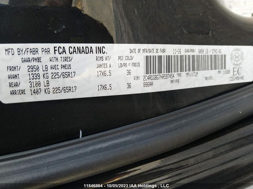 2017 Dodge Grand Caravan VIN: 2C4RDGBG7HR597454 Lot: 11846864