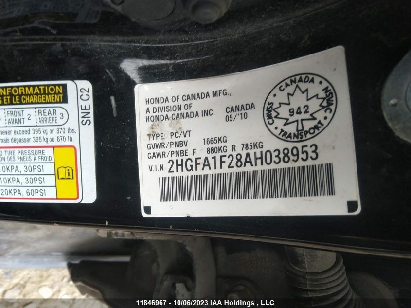 2010 Honda Civic Sdn Dx/Dx-A VIN: 2HGFA1F28AH038953 Lot: 11846967