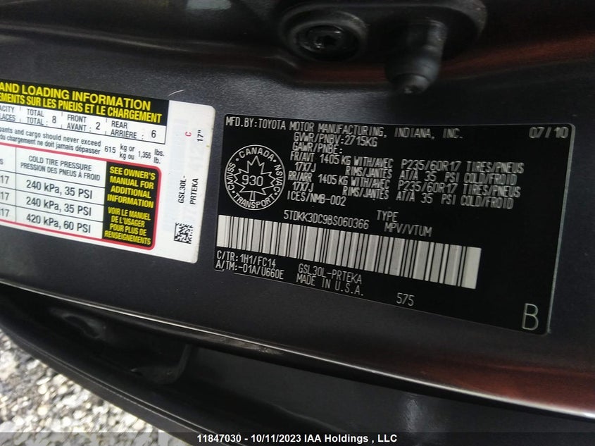 2011 Toyota Sienna Le VIN: 5TDKK3DC9BS060366 Lot: 11847030