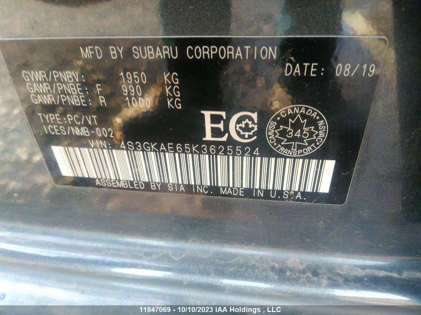 2019 Subaru Impreza VIN: 4S3GKAE65K3625524 Lot: 11847069