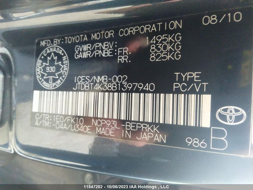 2011 Toyota Yaris VIN: JTDBT4K38B1397940 Lot: 11847282