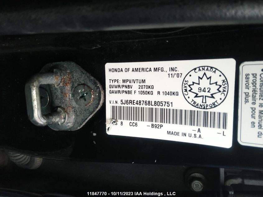 2008 Honda Cr-V Ex-L VIN: 5J6RE48768L805751 Lot: 11847770