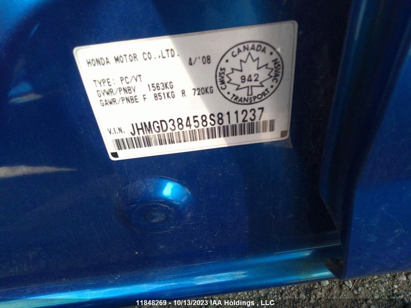 2008 Honda Fit Dx/Lx VIN: JHMGD38458S811237 Lot: 11848269