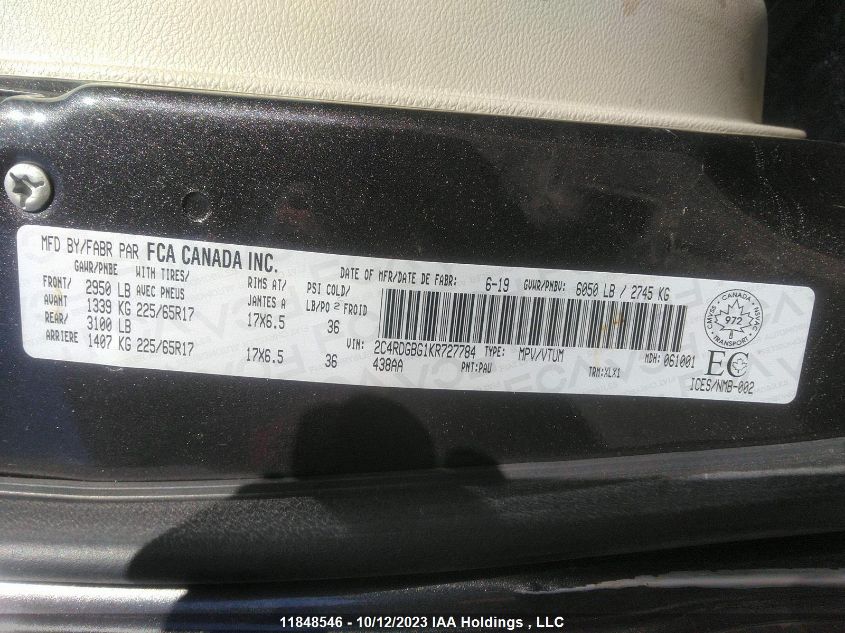 2019 Dodge Grand Caravan Sxt Premium Plus VIN: 2C4RDGBG1KR727784 Lot: 11848546