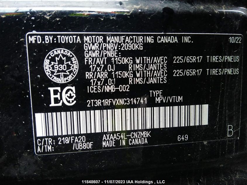 2022 Toyota Rav4 Xle VIN: 2T3R1RFVXNC314741 Lot: 11848607