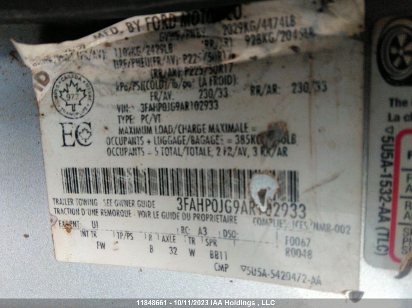 2010 Ford Fusion Sel VIN: 3FAHP0JG9AR102933 Lot: 11848661