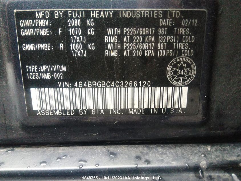 2012 Subaru Outback 2.5I VIN: 4S4BRGBC4C3266120 Lot: 11848755