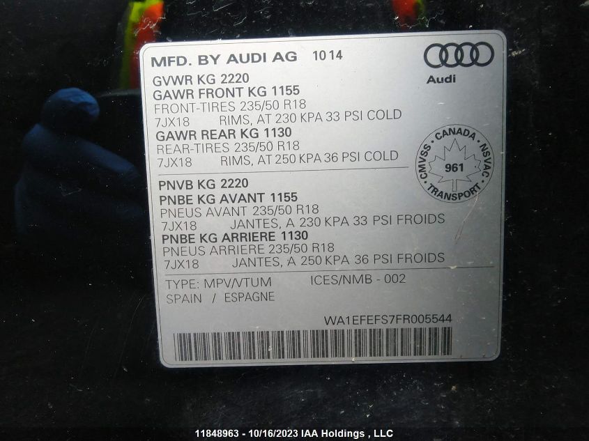 2015 Audi Q3 Progressiv VIN: WA1EFEFS7FR005544 Lot: 11848963