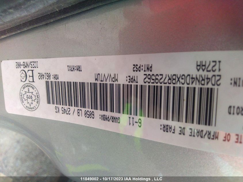 2011 Dodge Grand Caravan Sxt VIN: 2D4RN4DGXBR729562 Lot: 11849002