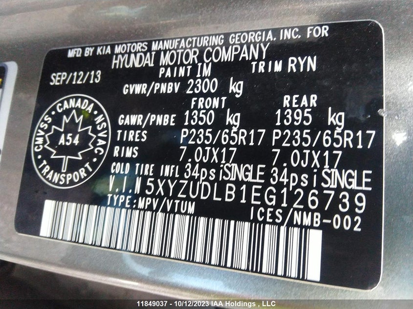 2014 Hyundai Santa Fe Sport Premium VIN: 5XYZUDLB1EG126739 Lot: 11849037