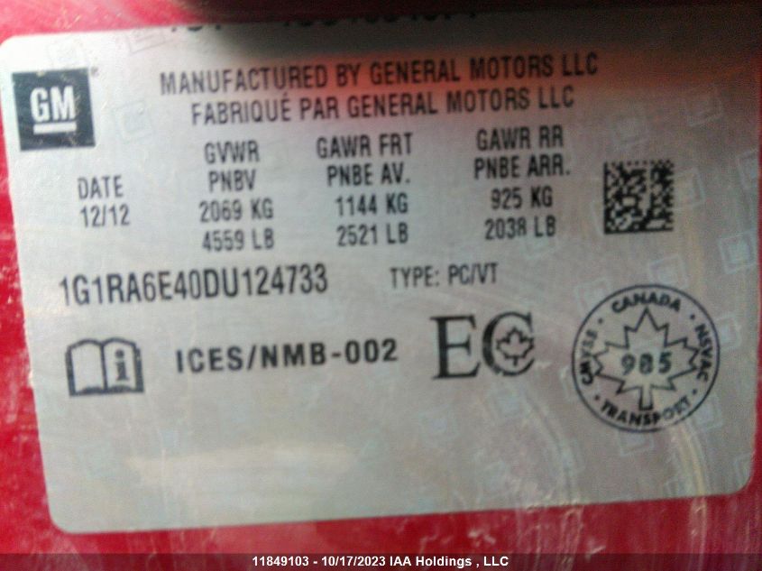 2013 Chevrolet Volt VIN: 1G1RA6E40DU124733 Lot: 11849103