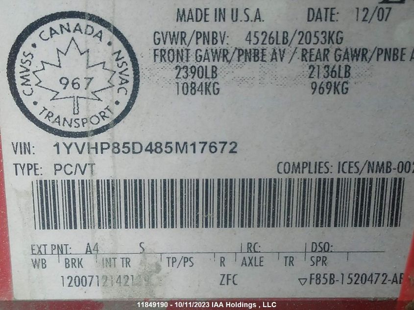 2008 Mazda Mazda6 Gs/Gt VIN: 1YVHP85D485M17672 Lot: 11849190