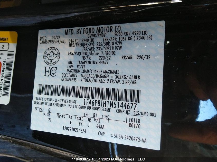 2022 Ford Mustang Ecoboost VIN: 1FA6P8TH1N5144677 Lot: 11849307