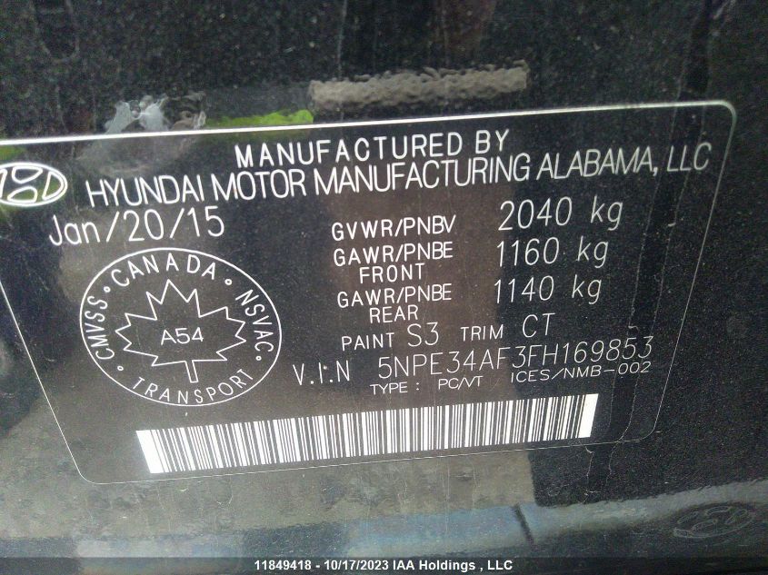 2015 Hyundai Sonata 2.4L Sport Tech VIN: 5NPE34AF3FH169853 Lot: 11849418