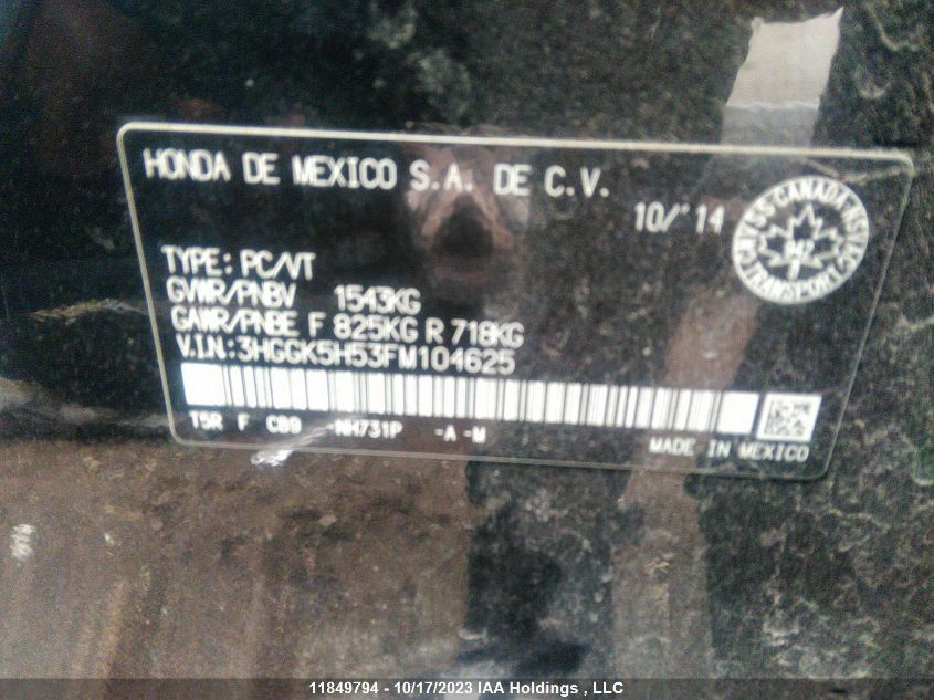 2015 Honda Fit Lx VIN: 3HGGK5H53FM104625 Lot: 11849794