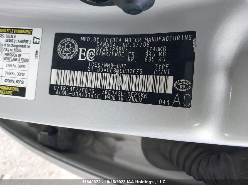 2009 Toyota Corolla Ce/S/Le VIN: 2T1BU40E89C082675 Lot: 11849822