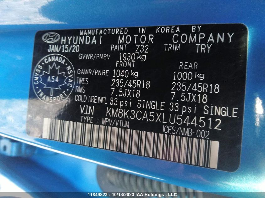 2020 Hyundai Kona Trend VIN: KM8K3CA5XLU544512 Lot: 11849823