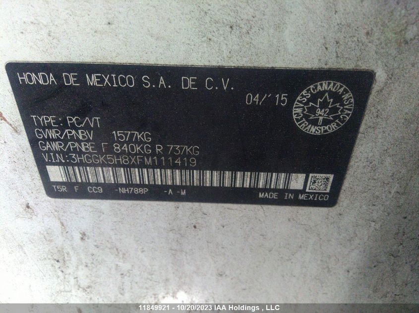 2015 Honda Fit Ex/Ex-L VIN: 3HGGK5H8XFM111419 Lot: 11849921