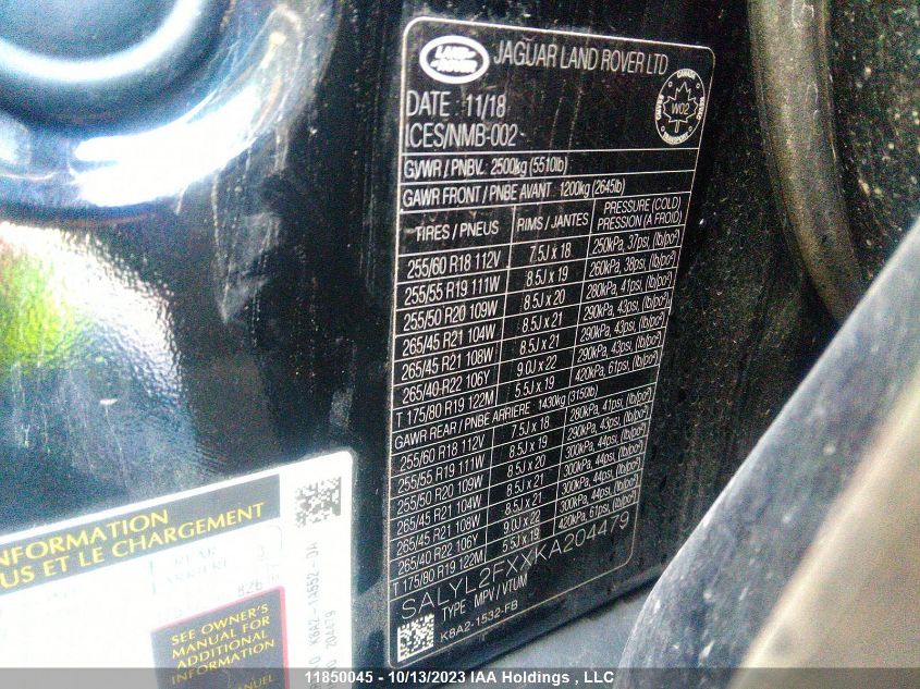 2019 Land Rover Range Rover Velar R-Dynamic Se VIN: SALYL2FXXKA204479 Lot: 11850045