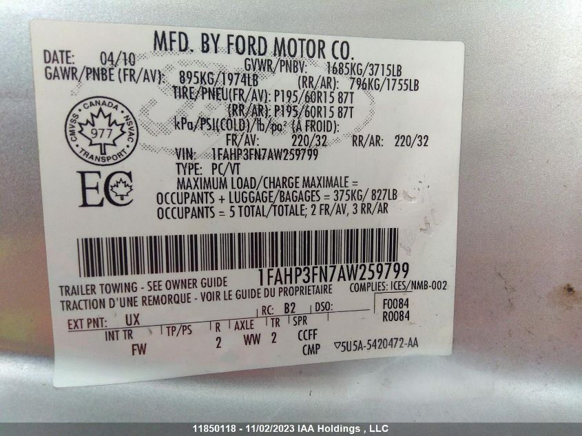 2010 Ford Focus Se VIN: 1FAHP3FN7AW259799 Lot: 11850118