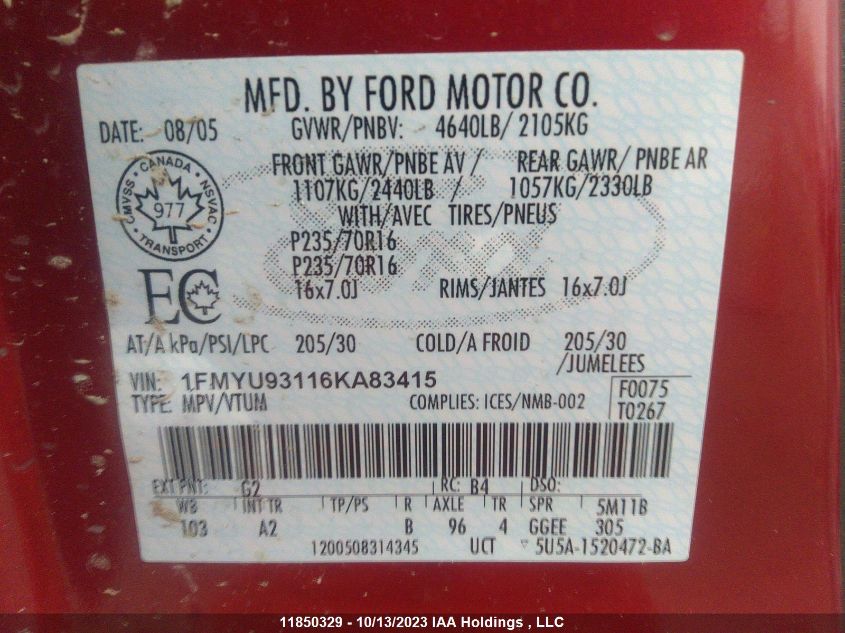 2006 Ford Escape Xlt VIN: 1FMYU93116KA83415 Lot: 11850329