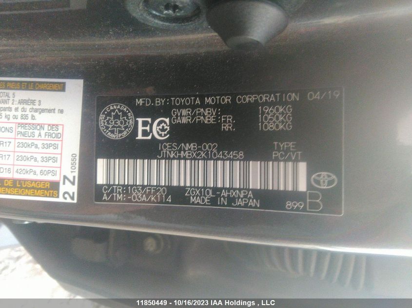 2019 Toyota C-Hr VIN: JTNKHMBX2K1043458 Lot: 11850449