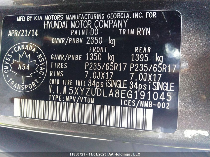 2014 Hyundai Santa Fe VIN: 5XYZUDLA8EG191045 Lot: 11850721