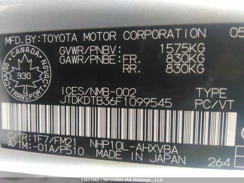 2015 Toyota Prius C VIN: JTDKDTB36F1099545 Lot: 11851042