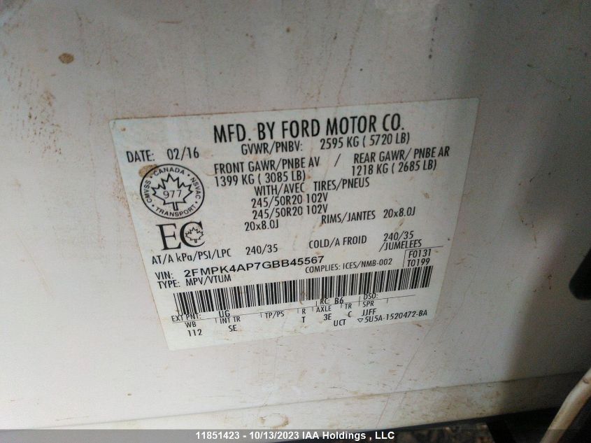 2016 Ford Edge Sport VIN: 2FMPK4AP7GBB45567 Lot: 11851423