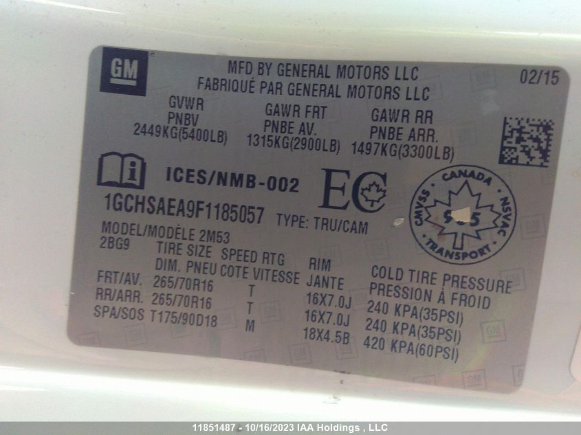 2015 Chevrolet Colorado 2Wd VIN: 1GCHSAEA9F1185057 Lot: 11851487