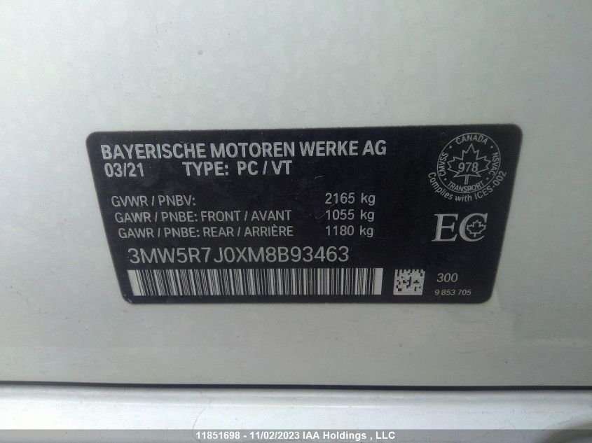 2021 BMW 3 Series 330I xDrive VIN: 3MW5R7J0XM8B93463 Lot: 11851698
