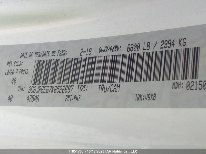 2019 Ram 1500 Classic Slt VIN: 3C6JR6EG7KG526697 Lot: 11851703