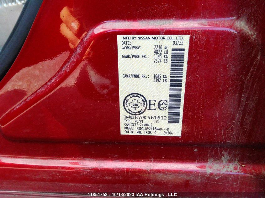 2022 Nissan Leaf Sv VIN: 1N4BZ1CV7NC561612 Lot: 11851758