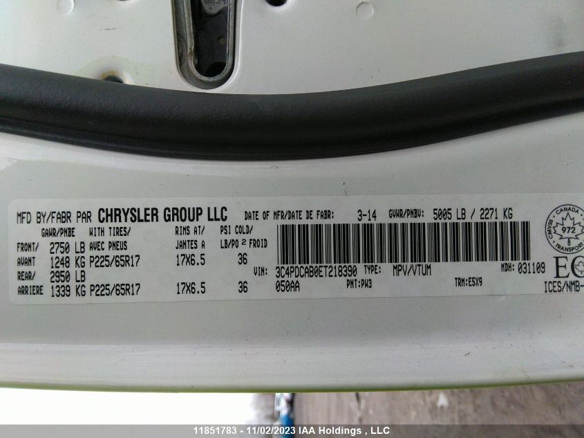 2014 Dodge Journey VIN: 3C4PDCAB0ET218390 Lot: 11851783