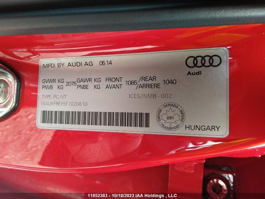 2015 Audi A3 2.0 Quattro VIN: WAUKFRFF5F1020610 Lot: 11852383