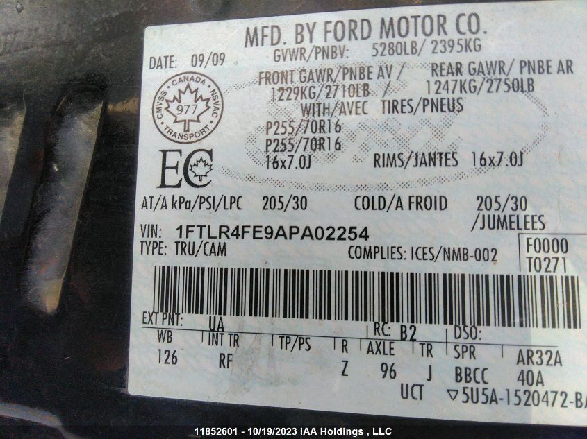 2010 Ford Ranger Sport/Xlt VIN: 1FTLR4FE9APA02254 Lot: 11852601