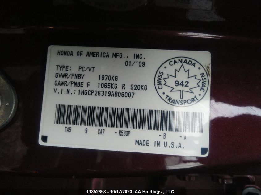 2009 Honda Accord Sedan Lx VIN: 1HGCP26319A806007 Lot: 11852658